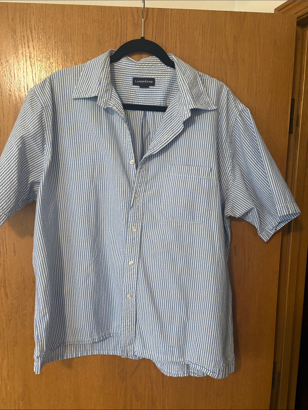 Lands' End Blue and White Striped Seersucker Short-Sleeve Shirt